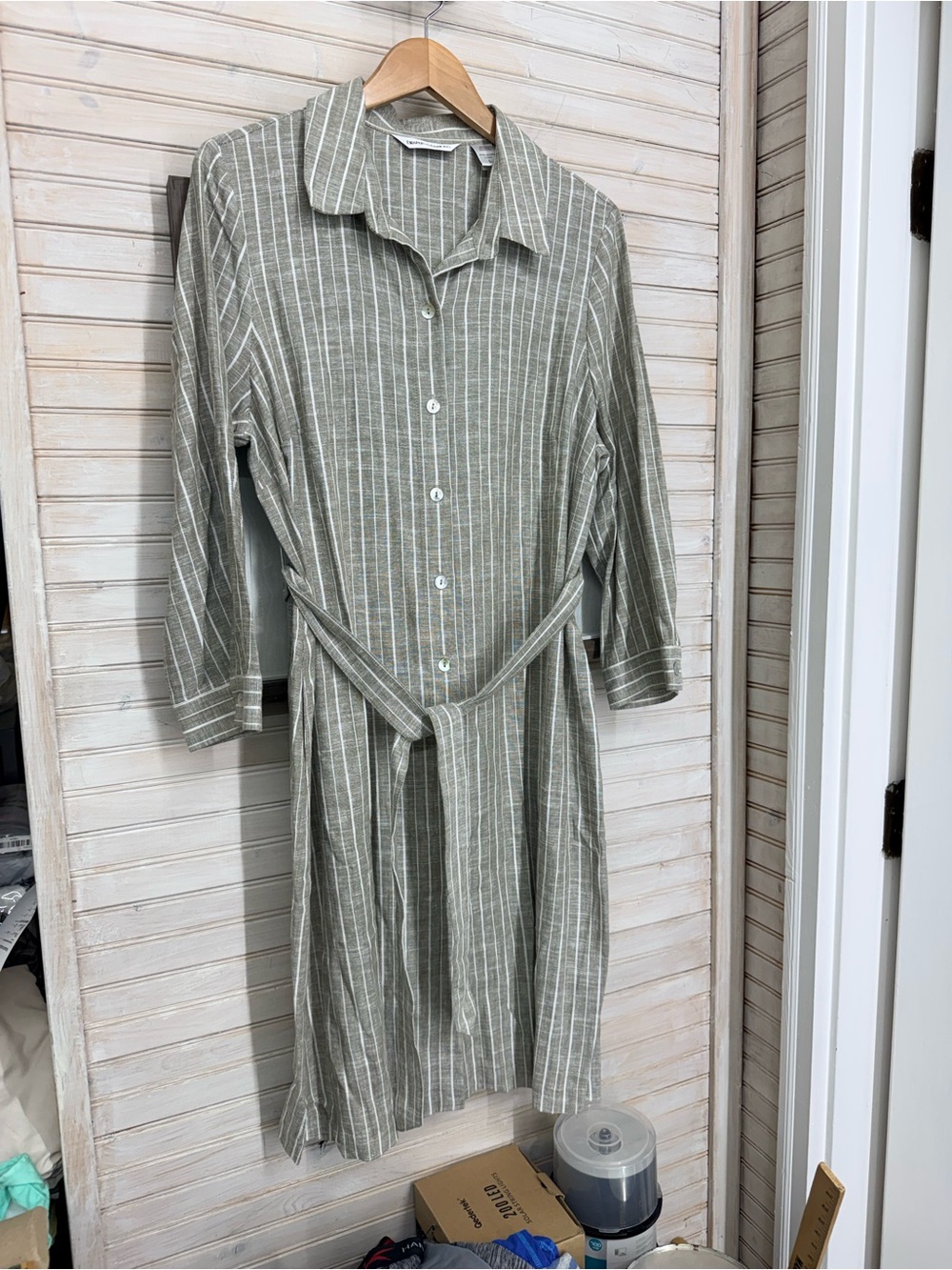Striped Midi Shirt Dress with Waist Tie - Sage Green NWOT